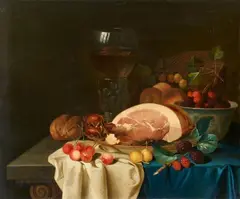 Justus Juncker, Still Life with Ham, Fruit, Wine and Bread on a Stone Ledge, Oil on panel (parquetted)