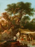 Jean-Baptiste Pillement, Washerwomen by a River in Wooded Landscape