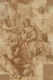 Giovanni Francesco Romanelli, The Virgin and Child with the Infant John the Baptist and Saint Francis of Assisi, Black chalk, brown ink and wash on paper, mounted on thin cardboard