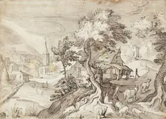 attributed to Jacob Grimmer, Shepherds in a Hilly Landscape, Brown and ochre ink and and wash on paper