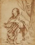 Giovanni Francesco Barbieri, called Il Guercino, attributed to, Kneeling Virgin Mary – from an Annunciation Scene, Brown ink on thin paper, mounted