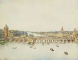 Johann Ludwig Ernst Morgenstern, Two Views of Frankfurt with the River Main, the Old Bridge and the Paulskirche, Watercolour on paper, mounted on thin cardboard