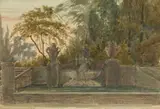attributed to Ernst Ferdinand Oehme, Fountain in a Park, Watercolour on paper, mounted on thin cardboard