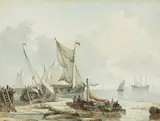 Petrus Johannes Schotel, River Landscape with Cargo Boats and Sailing Ships, Watercolour on paper