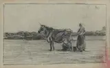 attributed to Jean François Millet, Landscape with a Peasant Woman and a Cow, Charcoal on tinted paper