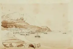 Salomon Corrodi, View of Capri seen from the Marina Grande, Brown wash over pencil