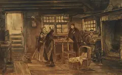 Kitchen Interior with Children and a Cradle by Johann Mari Ten Kate, Charcoal on paper, offered Jun 2021
