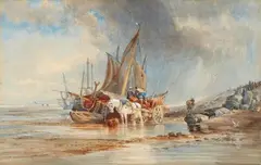 Thomas Sewell Robins, Coastal Landscape with Fishermen unloading a Boat, Watercolour on laid paper