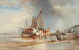 Thomas Sewell Robins, Coastal Landscape with Fishermen unloading a Boat, Watercolour on laid paper