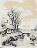 attributed to Louis Apol, Winter Landscape, Black chalk and oil paint on paper