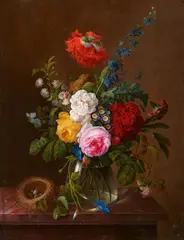Gottfried Wilhelm Voelcker, Flower Still Life with a Bird´s Nest, Oil on canvas (relined)