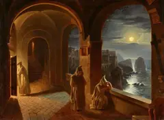 Franz Ludwig Catel, Three Carthusian Monks in the Cloister of the Certosa di San Giacomo in Capri by Moonlight, Oil on canvas (relined)