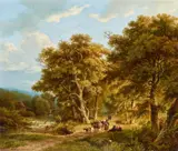 Barend Cornelis Koekkoek, Peasants in a Wooded Landscape, Oil on canvas (relined)