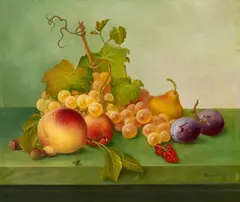 Johann Wilhelm Preyer, Still Life with Fruit and Berries on a Stone Ledge, Oil on panel