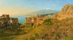 Otto Geleng, View of the Ancient Theatre of Taormina with the Snow-Capped Mount Etna in the Background, Oil on canvas (relined)