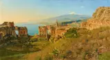 Otto Geleng, View of the Ancient Theatre of Taormina with the Snow-Capped Mount Etna in the Background, Oil on canvas (relined)