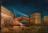Giovanni Grubacs, Festa del Redentore on the Rialto Bridge, Oil on canvas (relined)