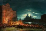 Giovanni Grubacs, Festa del Redentore on the Grand Canal with the Pontoon Bridge
Festa del Redentore on the Rialto Bridge, Oil on canvas (relined)
