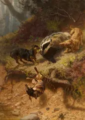 Guido von Maffei, A Badger fighting Three Dogs, Oil on canvas