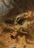 Guido von Maffei, A Badger fighting Three Dogs, Oil on canvas