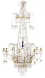 Werner & Mieth, An opulent Berlin chandelier, Gilt and silver-plated bronze and metal, cut clear and cobalt glass. Eight-flame chandelier with pierced drip pans suspending lamps in the upper section, below it two smaller pierced rings, the central one of which with a horizontal blue glass disc. The blue central spindle surrounded by eight chains, above it a further curved ring suspending eight lamps. Hung from four chains. All rings, drip pans and lamps fully hung with largely original droplets. The central spindle restored, the chain connecting to the central spindle replaced, the drip pan below it presumably a later addition, the fine strand of beads surrounding it and the rhomboid droplets presumably also. H c. 150, W