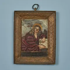 Leonhard Posch, A cast iron plaque with Saint John the Evangelist, Black and bronze tone patinated cast iron, coloured lacquer. Dated 1845 on the reverse. H with hanging loop