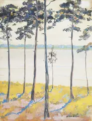 Walter Leistikow, Märkischer See / Pines by the Banks of a Lake in the Mark Region, Um 1907, Gouache on sturdy paper, mounted on card
