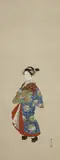 Yamaguchi Soken (1759-1818), in the manner of by in the manner of Yamaguchi Soken, A hanging scroll depicting a courtesan. Ink and colours on silk. Inscribed and sealed Soken. Double wooden box, sold Dec 2020