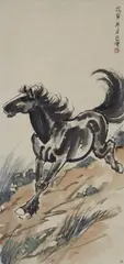 Xu Beihong, A galloping horse. Hanging scroll. Ink on paper. Inscription, dated cyclically wuyin (1938), inscribed Beihong, sealed Yangshuo tian ming, the collector's seal Xia (seal of the ..., A galloping horse. Hanging scroll. Ink on paper. Inscription, dated cyclically wuyin (1938), inscribed Beihong, sealed Yangshuo tian ming, the collector's seal Xia (seal of the German collector Jerg Haas) and one more collecter's seal