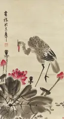 Li Kuchan, A heron in a lotus pond. Hanging scroll. Ink and colour on paper. Inscribed and sealed Kuchan and the collector's seal Xia (seal of the German collector Jerg Haas)., A heron in a lotus pond. Hanging scroll. Ink and colour on paper. Inscribed and sealed Kuchan and the collector's seal Xia (seal of the German collector Jerg Haas)