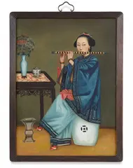 Giuseppe Castiglione, Portrait of the Fragrant Concubine (Xiang Fei) with a flute. Oil on canvas. In Chinese hardwood frame., Portrait of the Fragrant Concubine (Xiang Fei) with a flute. Oil on canvas. In Chinese hardwood frame