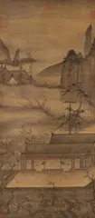 sealed Ma Lin and three collector's seals. A landscape with a temple. Hanging scroll. Ink on silk. Inscribed Ma Lin, A landscape with a temple. Hanging scroll. Ink on silk. Inscribed Ma Lin, sealed Ma Lin and three collector's seals., A landscape with a temple. Hanging scroll. Ink on silk. Inscribed Ma Lin, sealed Ma Lin and three collector's seals