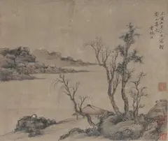 Ni Zan, A river landscape with a pavilion. Hanging scroll. Ink and light colours on paper. Inscription, dated cyclically renyin (1362), inscribed Yunlin sheng and three collector's seal..., A river landscape with a pavilion. Hanging scroll. Ink and light colours on paper. Inscription, dated cyclically renyin (1362), inscribed Yunlin sheng and three collector's seals Yu Li biji, Zhou Renfu shoucang jinshi shuhua and Sanxixuan cang