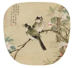 Chang Chih-wan, Two fan paintings. a) A pair of birds on a prunus blossom branch. Ink and colour on paper. Inscription dated cyclically Wanli guimao (1603), inscribed Wu Bin, sealed Wu and one ..., Two fan paintings. a) A pair of birds on a prunus blossom branch. Ink and colour on paper. Inscription dated cyclically Wanli guimao (1603), inscribed Wu Bin, sealed Wu and one collector's seal. b) A mountainous landcape. Insciption, signed Zhang Zhiwan and sealed Zhiwan. Ink and colour on paper. Matted, framed and glazed. (2) Diameter a)