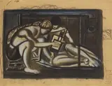 Max Ackermann, Am Boden sitzendes Paar, arkadisches Motiv, 1908-1910, Charcoal, hightened with white pastel chalk, and graphite on brownish paper