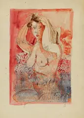 Jankel Adler, Großer sitzender Akt, Circa 1940, Watercolour and transfer drawing, with additional monotype-like overprint (textile lace pattern), on drawing paper