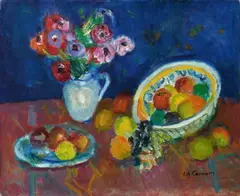 Bouquet d'anémones - plat et assiette de fruits by Charles Camoin, 1957, Oil on canvas, sold Dec 2020