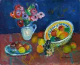 Charles Camoin, Bouquet d'anémones - plat et assiette de fruits