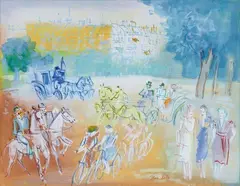 Jean Dufy, Promenade au Bois de Boulogne, Circa 1960, Watercolour and gouache on laid paper with watermark "MICHALLET PARIS UFPG [with 3 flowers]"