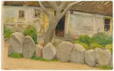 Lyonel Feininger, Village House with Tree and Boulders, Circa 1901, Colour pen drawing and pencil on thin card