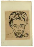 Ernst Ludwig Kirchner, Selbstbildnis mit Pfeife, 1908, Etching on grey fibrous laid card
