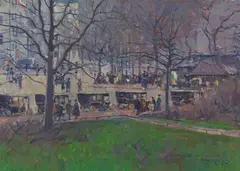 Fassadenansicht hinter Bäumen by Lucas, Circa 1916/1917, Oil on canvas, sold Dec 2020