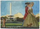 August Macke, Ein Herr mit zwei Damen und Hund im Park, gefolgt von Amor