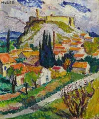 Mela Muter, Villeneuve-lès-Avignon. Verso: Dorfplatz, Oil on wooden panel