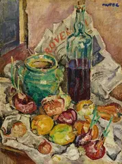 Mela Muter, Stillleben mit Flasche, 1932, Oil on wooden panel