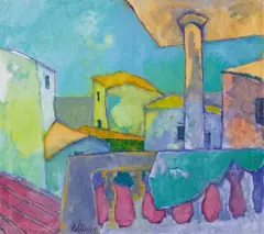 Heinrich Steiner, Terrasse mit großer Säule, Before 1990, Oil on canvas