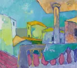 Heinrich Steiner, Terrasse mit großer Säule, Before 1990, Oil on canvas