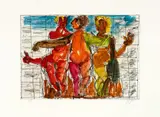 Markus Lüpertz, Die drei Grazien, Around 2018, Drypoint etching and woodcut, watercoloured, on card