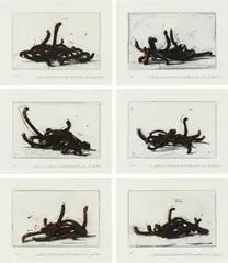 Bernar Venet, Random Combination of indeterminate Lines, 2018/2019, 6 colour aquatint etchings and polymer gravure on card. Each