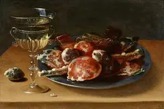Ossias Beert, Still Life of Sweets on a Pewter Plate and a Façon de Venise Wineglass, on a Wooden Ledge, Oil on panel